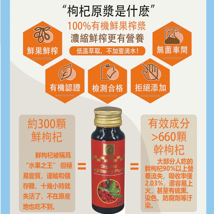 枸杞原漿 Organic Goji Berry Puree (一盒12支)
